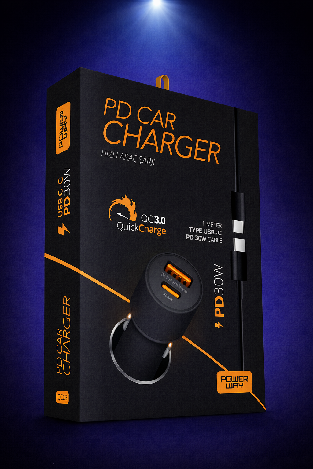 Powerway CC36 Araç İçi Hızlı Şarj Cihazı  30W PD QC 3.0 Type-C USB Çıkışlı + Type-C Şarj Kablosu
