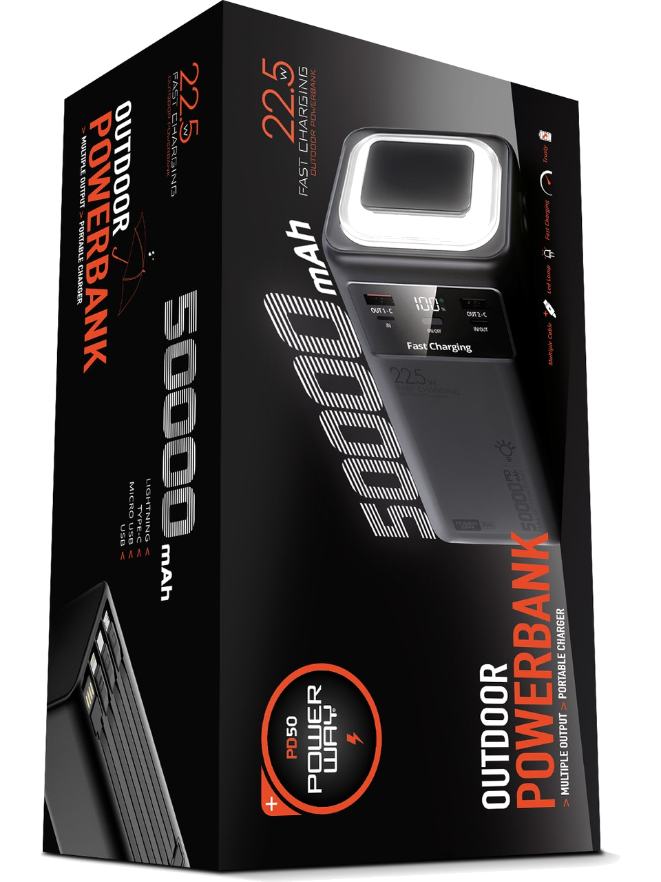 Powerway 50.000 Mah Pd 22.5W Hızlı Şarj Dahili Kablolu Kamp Taşınabilir Güç Kaynağı Siyah PD50 Powerbank