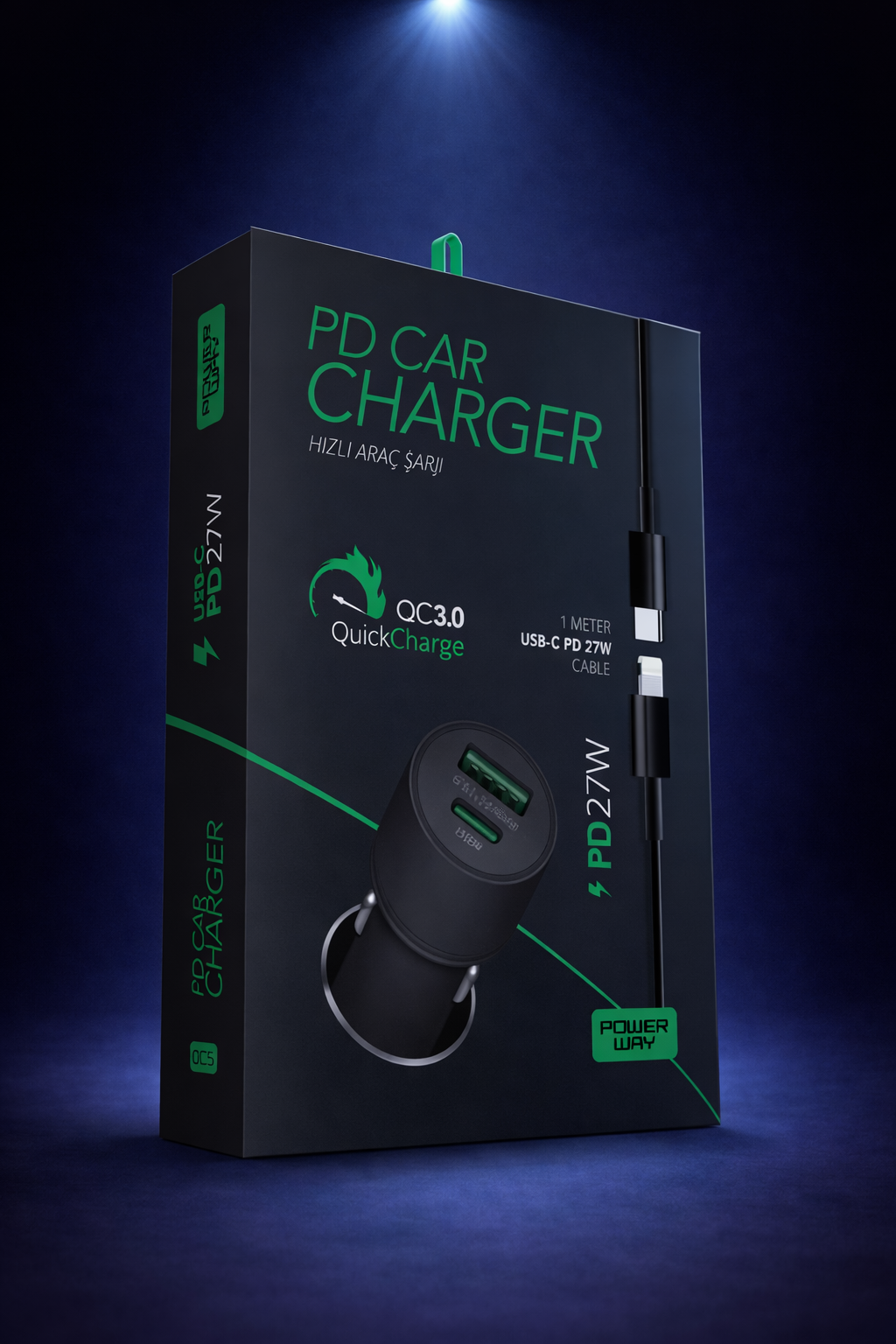 Powerway CC35 Araç İçi Çakmaklık Hızlı Şarj Cihazı 27W PD QC 3.0 Type-C USB Çıkışlı + Lightning Kablo
