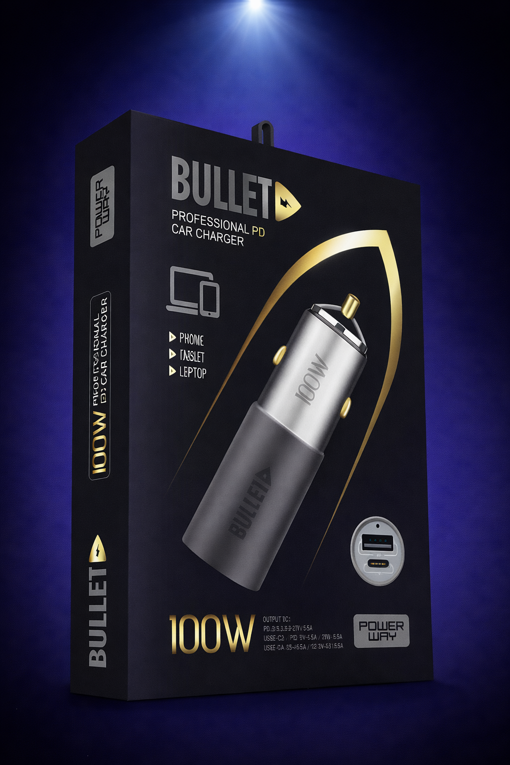 Powerway Bullet 100W Araç Çakmaklık Şarj Cihazı Type-C ve Usb Çıkışlı Profesyonel Turbo Hızlı Şarj